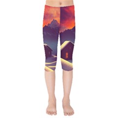 Cabin Mountains Snow Sun Winter Dusk Kids  Capri Leggings  by Pakemis