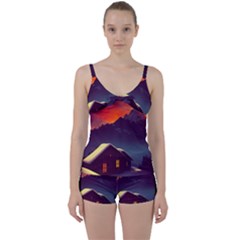 Cabin Mountains Snow Sun Winter Dusk Tie Front Two Piece Tankini by Pakemis