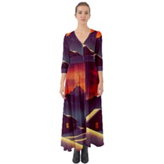 Cabin Mountains Snow Sun Winter Dusk Button Up Boho Maxi Dress