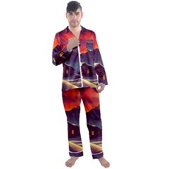 Cabin Mountains Snow Sun Winter Dusk Men s Long Sleeve Satin Pajamas Set