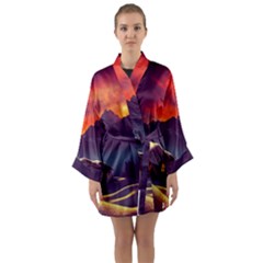 Cabin Mountains Snow Sun Winter Dusk Long Sleeve Satin Kimono