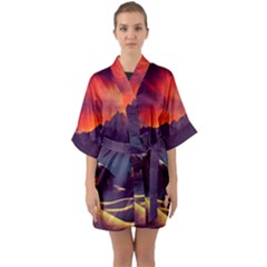 Cabin Mountains Snow Sun Winter Dusk Half Sleeve Satin Kimono  by Pakemis