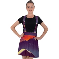 Cabin Mountains Snow Sun Winter Dusk Velvet Suspender Skater Skirt