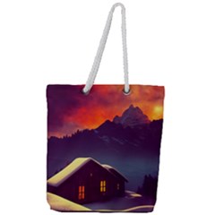 Cabin Mountains Snow Sun Winter Dusk Full Print Rope Handle Tote (large)