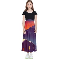 Cabin Mountains Snow Sun Winter Dusk Kids  Flared Maxi Skirt by Pakemis