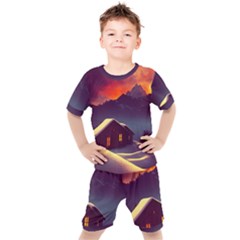 Cabin Mountains Snow Sun Winter Dusk Kids  Tee And Shorts Set by Pakemis