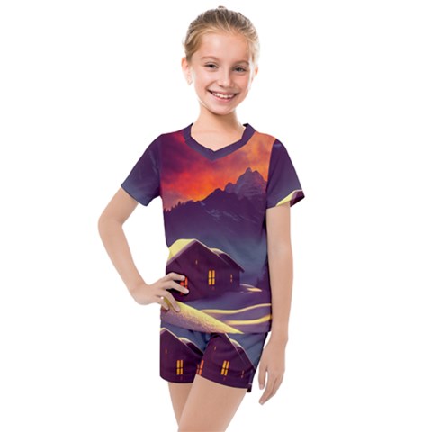 Cabin Mountains Snow Sun Winter Dusk Kids  Mesh Tee And Shorts Set by Pakemis