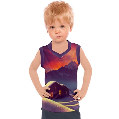 Cabin Mountains Snow Sun Winter Dusk Kids  Sport Tank Top by Pakemis