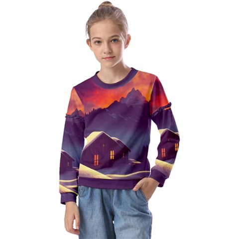 Cabin Mountains Snow Sun Winter Dusk Kids  Long Sleeve Tee With Frill  by Pakemis