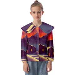 Cabin Mountains Snow Sun Winter Dusk Kids  Peter Pan Collar Blouse by Pakemis