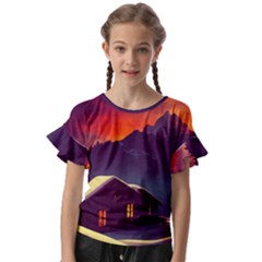 Cabin Mountains Snow Sun Winter Dusk Kids  Cut Out Flutter Sleeves by Pakemis