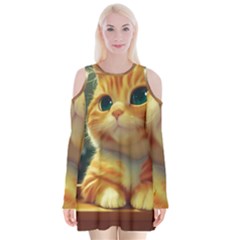 Cute Cat Cat Feline 3d Velvet Long Sleeve Shoulder Cutout Dress by Pakemis