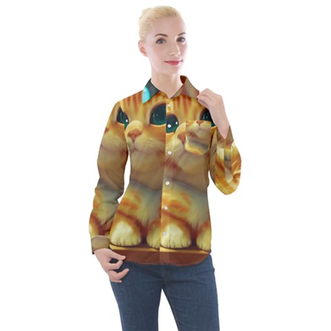 Cute Cat Cat Feline 3d Women s Long Sleeve Pocket Shirt by Pakemis