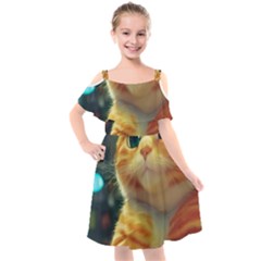 Cute Cat Cat Feline 3d Kids  Cut Out Shoulders Chiffon Dress by Pakemis