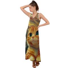 Cute Cat Cat Feline 3d V-neck Chiffon Maxi Dress by Pakemis