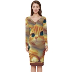 Cute Cat Cat Feline 3d Long Sleeve V-neck Bodycon Dress  by Pakemis