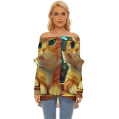 Cute Cat Cat Feline 3d Off Shoulder Chiffon Pocket Shirt by Pakemis