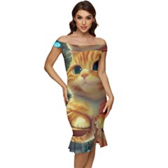 Cute Cat Cat Feline 3d Off Shoulder Ruffle Split Hem Bodycon Dress by Pakemis