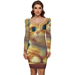 Cute Cat Cat Feline 3d Women Long Sleeve Ruched Stretch Jersey Dress by Pakemis