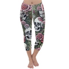 Skulls Roses Wallpaper Garden Artwork Capri Winter Leggings  by Pakemis