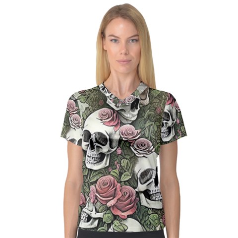 Skulls Roses Wallpaper Garden Artwork V-neck Sport Mesh Tee by Pakemis