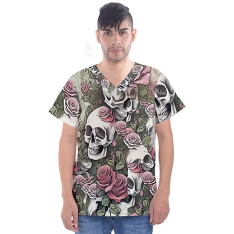 Skulls Roses Wallpaper Garden Artwork Men s V-neck Scrub Top by Pakemis