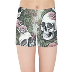 Skulls Roses Wallpaper Garden Artwork Kids  Sports Shorts by Pakemis