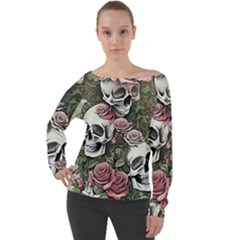 Skulls Roses Wallpaper Garden Artwork Off Shoulder Long Sleeve Velour Top by Pakemis