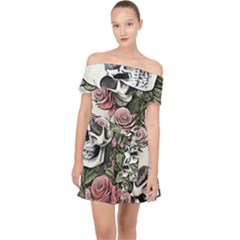 Skulls Roses Wallpaper Garden Artwork Off Shoulder Chiffon Dress by Pakemis