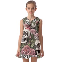 Skulls Roses Wallpaper Garden Artwork Kids  Pilgrim Collar Ruffle Hem Dress by Pakemis