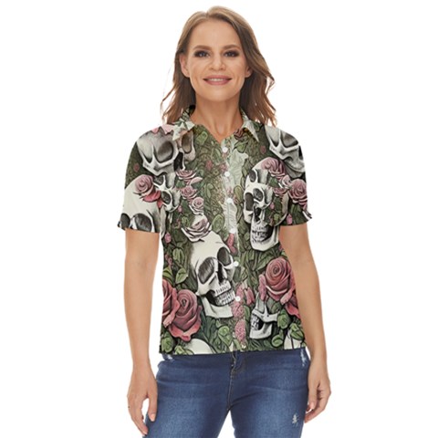 Skulls Roses Wallpaper Garden Artwork Women s Short Sleeve Double Pocket Shirt by Pakemis