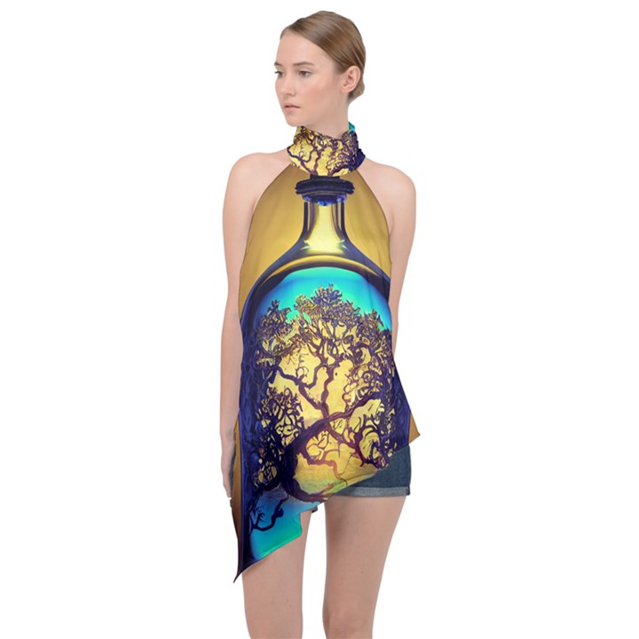 Flask Bottle Tree In A Bottle Perfume Design Halter Asymmetric Satin Top