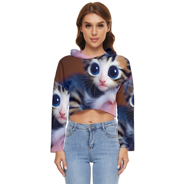 Cute Kitten Kitten Animal Wildlife 3d Women s Lightweight Cropped Hoodie