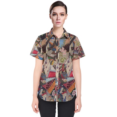 Background Embroidery Pattern Stitches Abstract Women s Short Sleeve Shirt by Pakemis