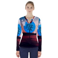 Surreal Fantasy Abstract Art Creativity Horizon V-neck Long Sleeve Top by Pakemis