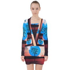 Surreal Fantasy Abstract Art Creativity Horizon V-neck Bodycon Long Sleeve Dress by Pakemis