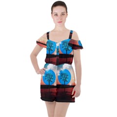 Surreal Fantasy Abstract Art Creativity Horizon Ruffle Cut Out Chiffon Playsuit by Pakemis