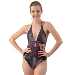 Skyline Skyscrapers Futuristic Sci-fi Panorama Halter Cut-out One Piece Swimsuit by Pakemis