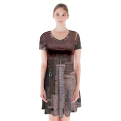 Skyline Skyscrapers Futuristic Sci-fi Panorama Short Sleeve V-neck Flare Dress by Pakemis