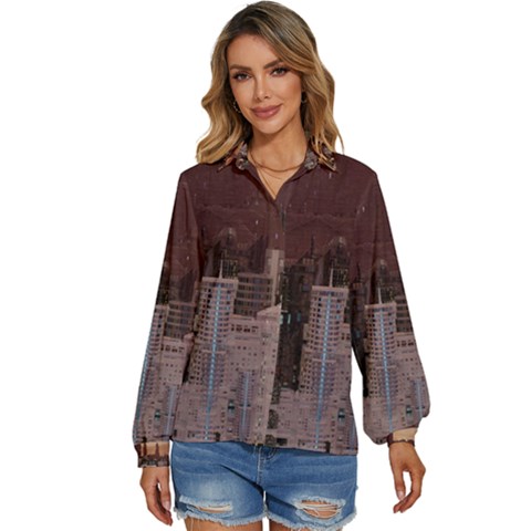 Skyline Skyscrapers Futuristic Sci-fi Panorama Women s Long Sleeve Button Down Shirt by Pakemis