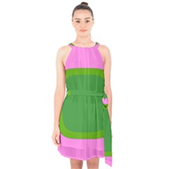 Pink And Green 1105 - Groovy Retro Style Art Halter Collar Waist Tie Chiffon Dress by KorokStudios