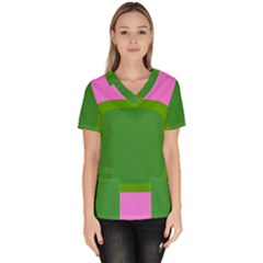 Pink And Green 1105 - Groovy Retro Style Art Women s V-neck Scrub Top by KorokStudios