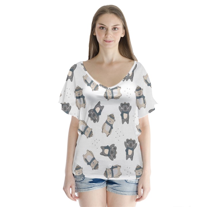 Cute Seamless Pattern With Koala Panda Bear V-Neck Flutter Sleeve Top