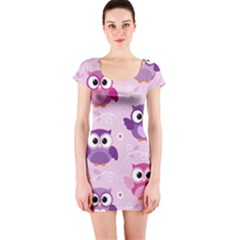 Seamless Cute Colourfull Owl Kids Pattern Short Sleeve Bodycon Dress by Pakemis