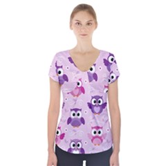 Seamless Cute Colourfull Owl Kids Pattern Short Sleeve Front Detail Top by Pakemis