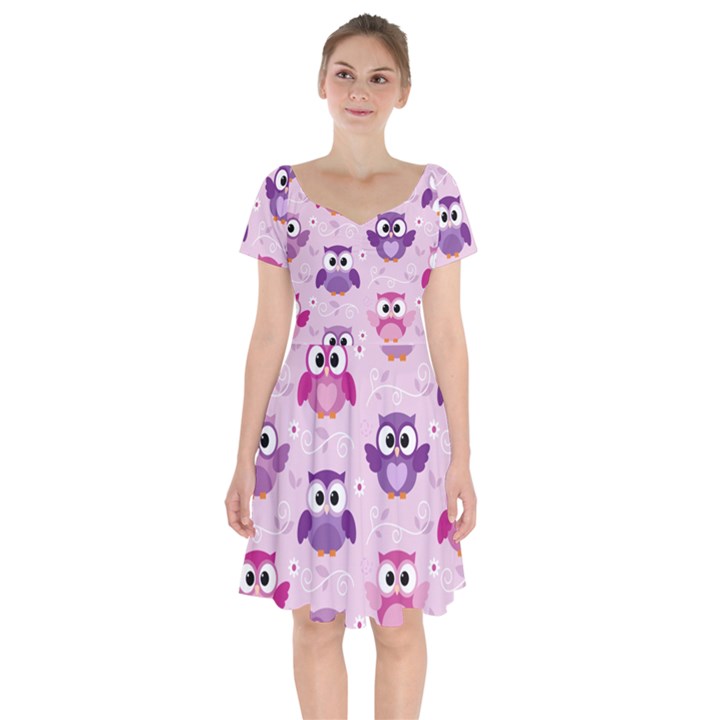 Seamless Cute Colourfull Owl Kids Pattern Short Sleeve Bardot Dress