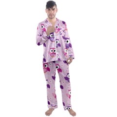 Seamless Cute Colourfull Owl Kids Pattern Men s Long Sleeve Satin Pajamas Set by Pakemis