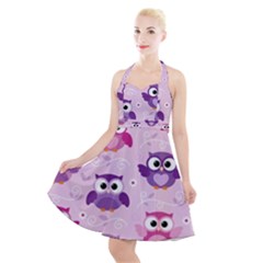 Seamless Cute Colourfull Owl Kids Pattern Halter Party Swing Dress  by Pakemis