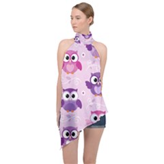 Seamless Cute Colourfull Owl Kids Pattern Halter Asymmetric Satin Top by Pakemis