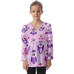 Seamless Cute Colourfull Owl Kids Pattern Kids  V Neck Casual Top by Pakemis